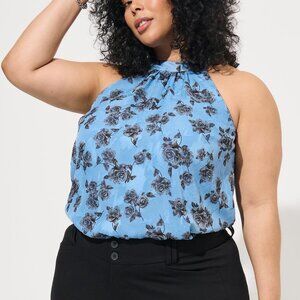Blue & Black Floral Clip Chiffon Mock Neck Halter Top 1X/14-16